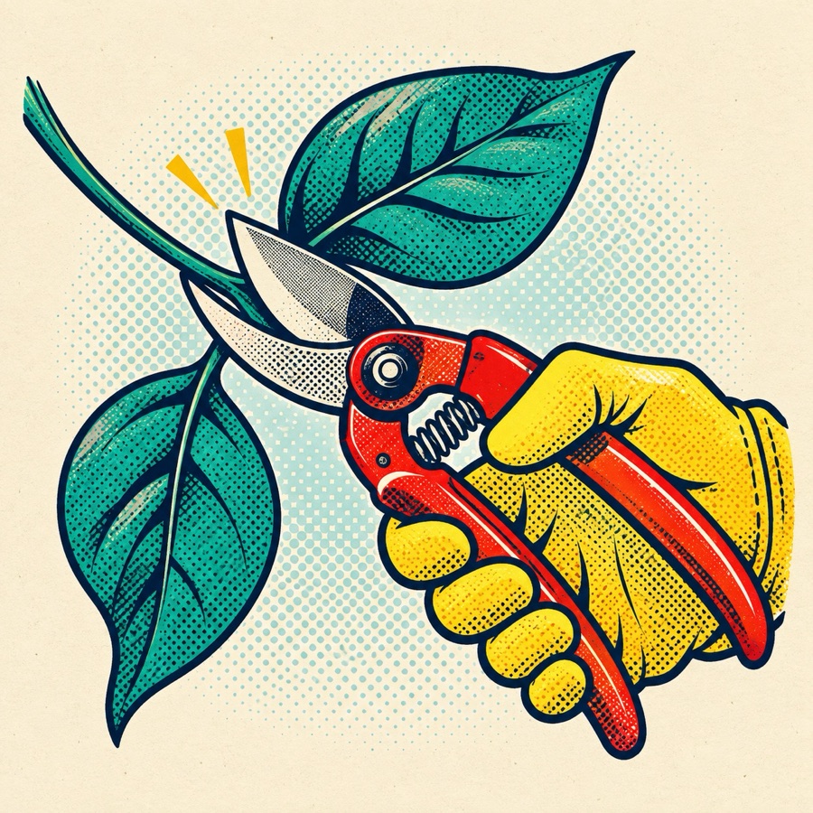 Pop-Art-Illustration einer Gartenschere mit Blättern