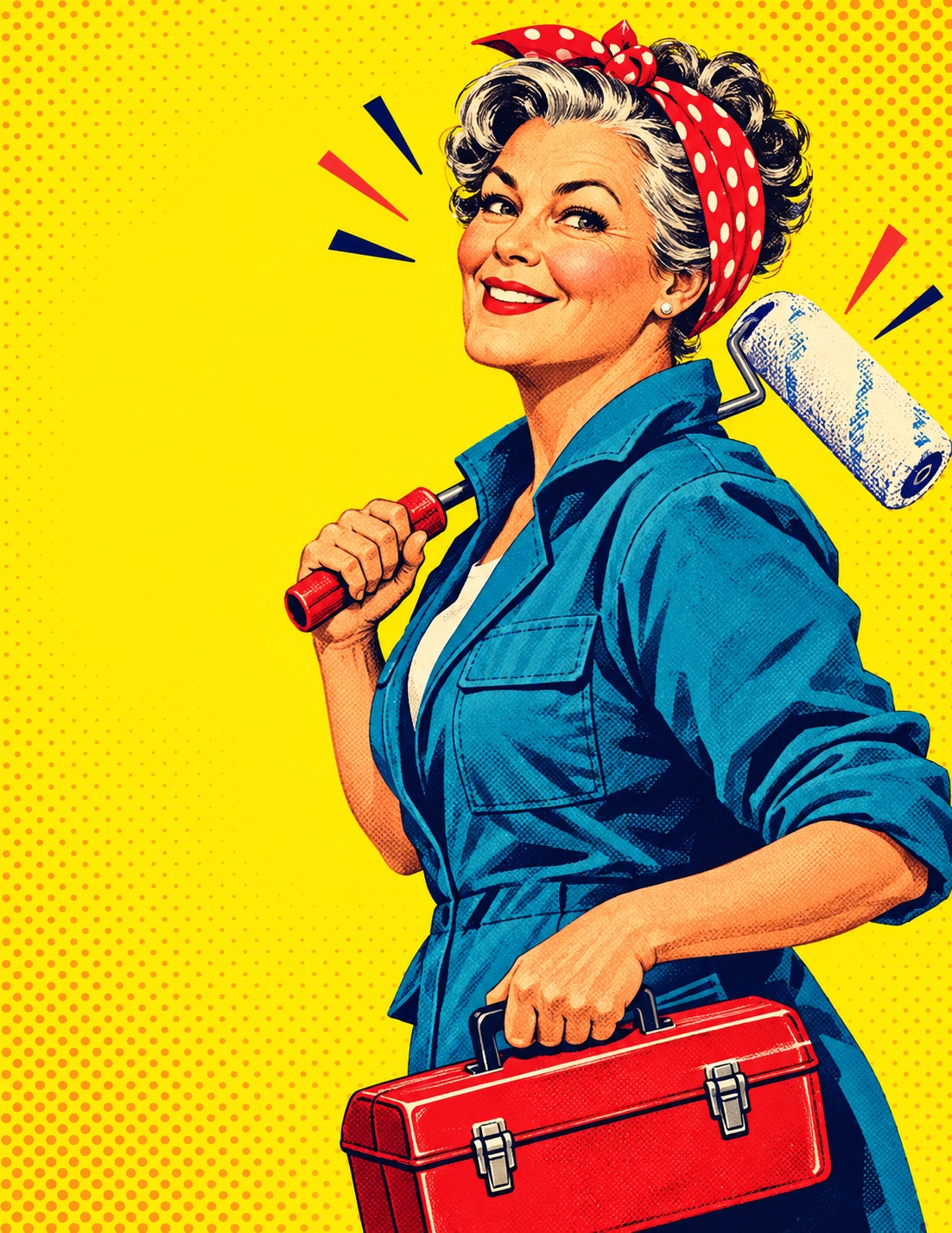 Pop-Art-Illustration einer tatkräftigen Frau mit Farbrolle und Werkzeugkoffer